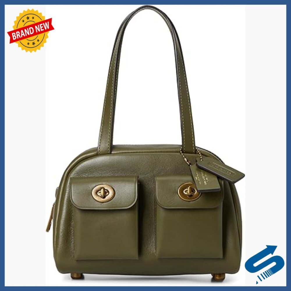 Leather Satchel Handbag with Turnlock Pockets and Zipper Closure